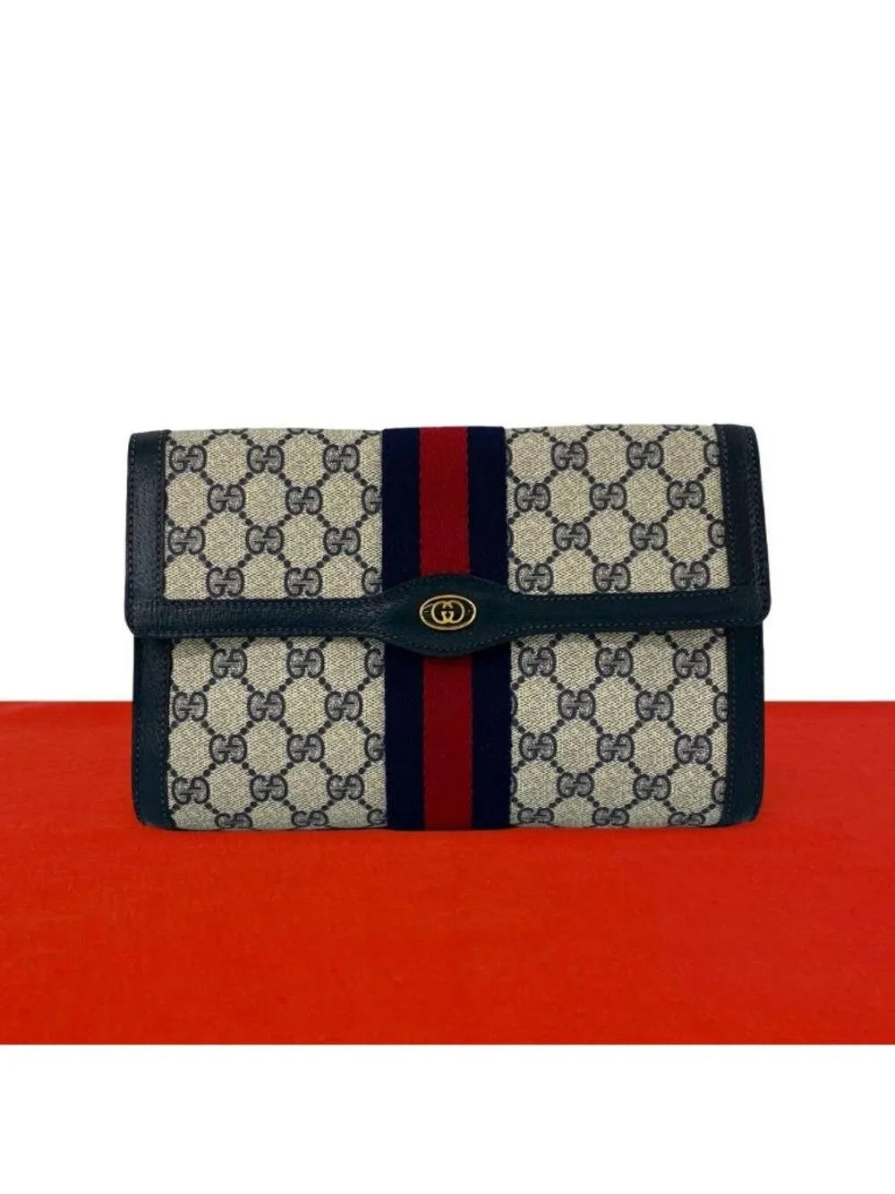 Gucci Vintage Sherry Line GG Logo Pattern Leather Clutch Navy